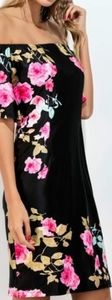 FAMOUS DESIGNER FLORAL ON BLACK OFF SHOULDER DRESS